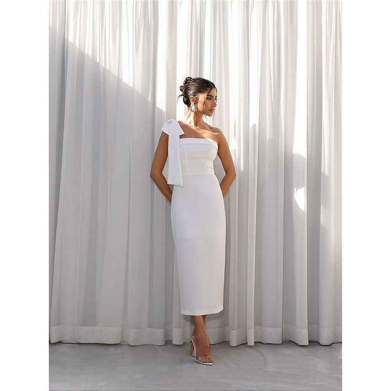 Vestido Mídi Alfaiataria com Laço no ombro Serena